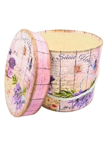 Ajándékdoboz, levendulás, füles, henger alakú, kicsi (16cm)