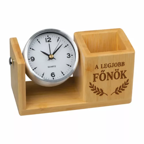 Gravírozott fa óra, bambusz, tolltartós