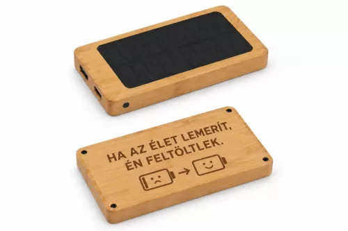 Gravírozható powerbank, bambusz, napelemes, 8000 mAh