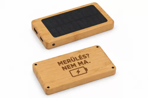 Gravírozható powerbank, bambusz, napelemes, 8000 mAh