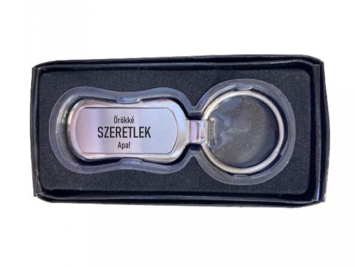 Gravírozott Fém kulcstartó íves téglalap, dobozban 