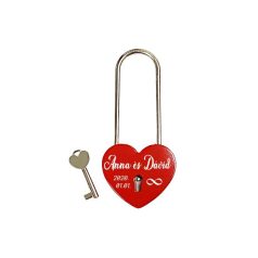   Gravírozott Fém Lakat Piros szív alakú nagy kulccsal (szerelemlakat)