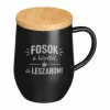 Gravírozható termoszbögre, fém, fekete, duplafalú, bambusz tetővel