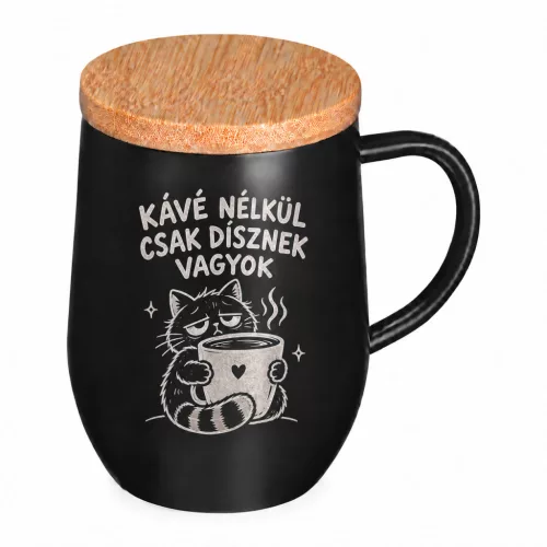 Gravírozható termoszbögre, fém, fekete, duplafalú, bambusz tetővel