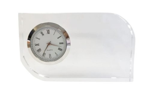 Gravírozható üvegdíj, órás, dobozban