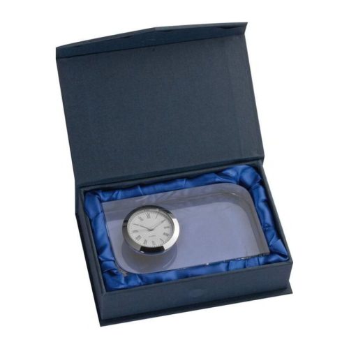 Gravírozható üvegdíj, órás, dobozban