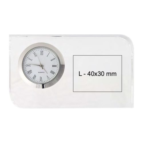 Gravírozható üvegdíj, órás, dobozban